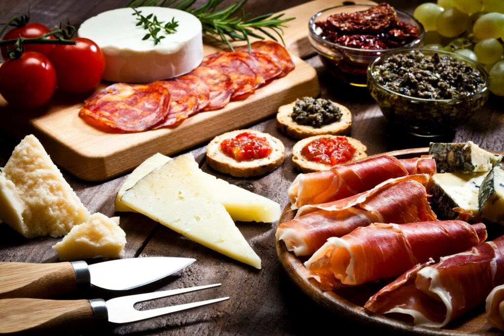 Delicious appetizer on rustic wood table